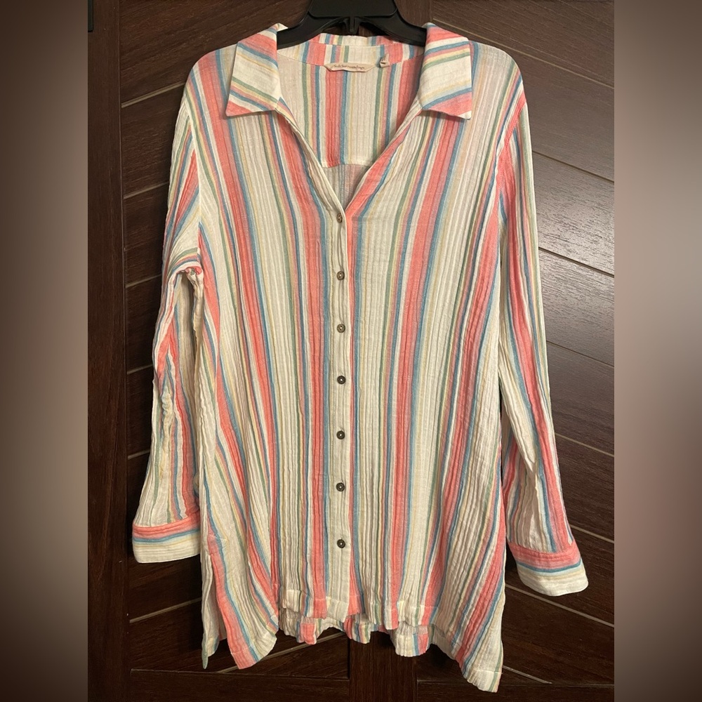 Soft Surroundings 100% cotton gauzy striped button down tunic size XL